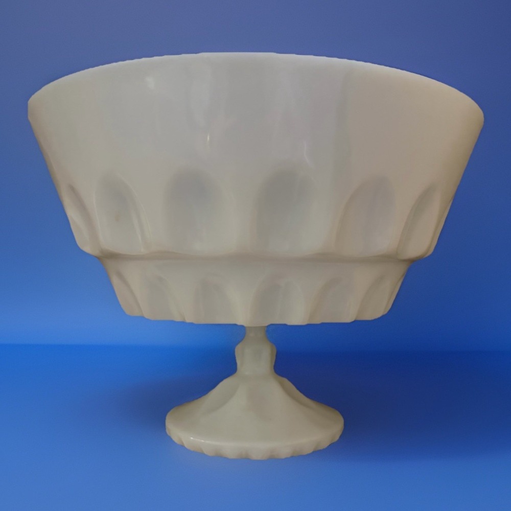 Vtg Milk Glass Pedestal Compote Bowl Thumbprint Pattern Candy Dish‎ White Glass